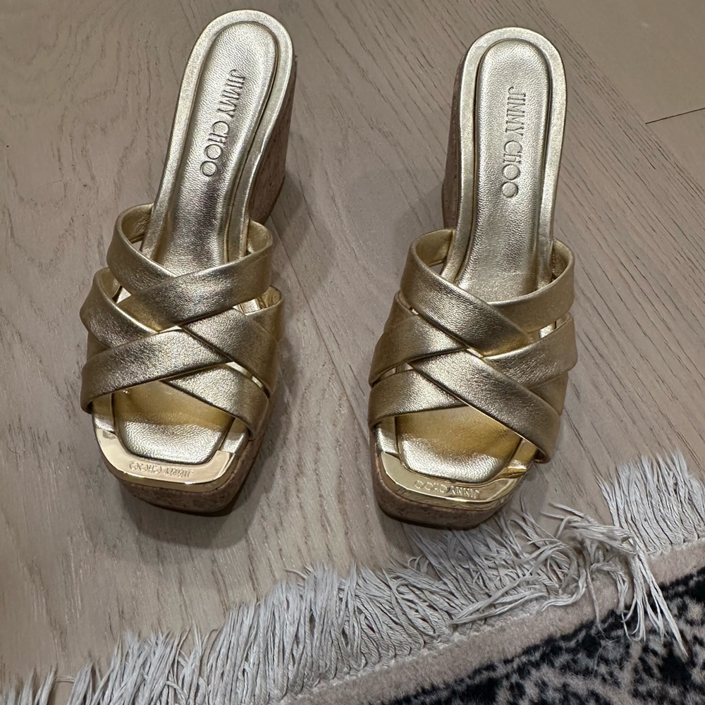 Jimmy Choo Gold Mules with Block Heel